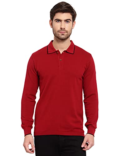 Image of Kalt Mens Basic Solid Full Sleeves Polo Cotton Blend Knitted Regular Fit Polo-Neck T-Shirts with Collar Stylish
