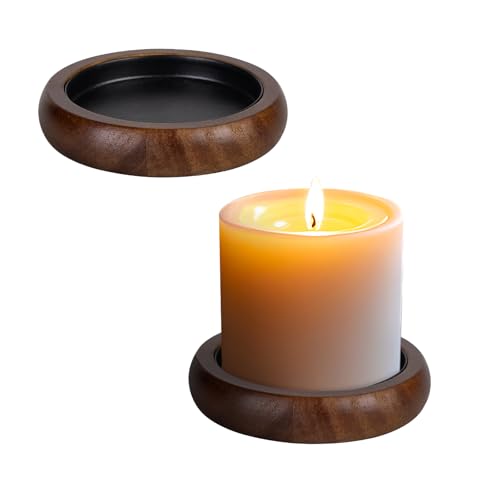 Candle Holder for Pillar Candle Set of 2 Farmhouse Wood Candle Plate Rustic Wooden Candle Stand Candles Tray Decorative for Living Room Table Centerpiece Brown