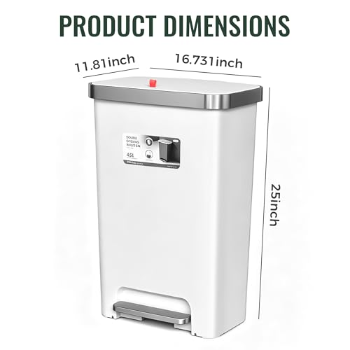 Image of Trash Can with lid,12 Gallon Slim Tall Garbage Can,White | Kitchen Trash Bin Step-on with Lid, Plastic Garbage Can with Stainless Steel Rim for Bathroom,Living room,Bedroom,Yard