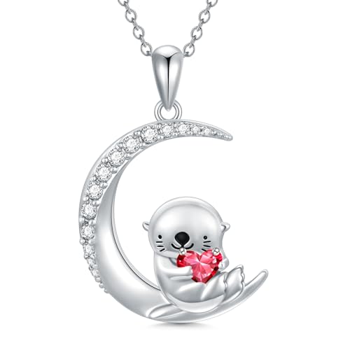 Image of PROESS Animal Birthstone Necklace 925 Sterling Silver Otter /Axolotl /Hippo /Elephant /Dachshund /Monkey /Red Panda Pendant Necklace Animal Birthstone Jewelry Gifts for Women