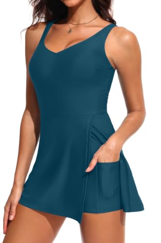 Image of One Piece Swimdress Tummy Control Swimsuit Modest Bathing Suit with Shorts | Elegant V neck swim dress, Flowy A-line design with skirt, Built-in boy shorts with side pocket, Removable padded cups