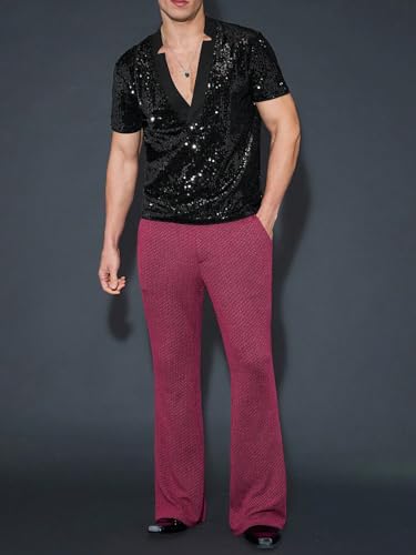 WDIRARA Men's Contrast Sequin Deep V Neck Top Short Sleeve Solid Party Tee Shirt4