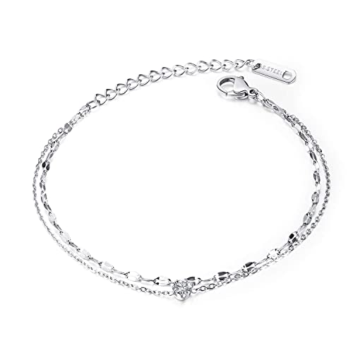 ブレスレット レディース シルバー シンプルファッション チタン ジルコニアcz 2連ブレスレット 幅4㎜ 20 cm 上品 腕輪 誕生日 恋人 人気 プレゼント