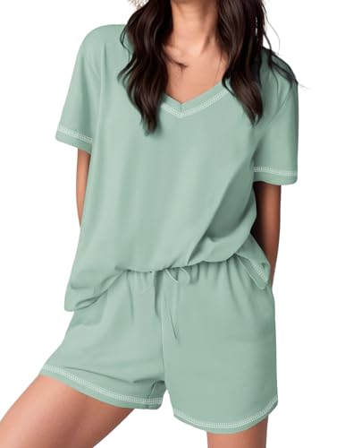 Image of Ekouaer Womens Pajamas Sets Soft 95% Cotton Pjs Short Sleeve Lounge Sets | Comfy Sleepwear Sets with pockets, ideal for Home, Mom, Party, Gifts, Daily Wear