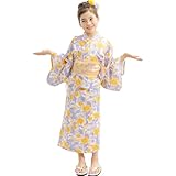 [Bee] ビー 浴衣3点セット キッズ ガールズ 女の子 夏 簡単 セパレートタイプ お祭り 花火大会 ユリ リボン 椿 水玉 猫 毬 saa01400 130cm パープル×水彩花