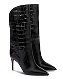 Coutgo Womens Mid Calf Boots Stiletto High Heel Pointed Toe Boots Pull On Winter Dress Shoes, Cool Black, size 8.5