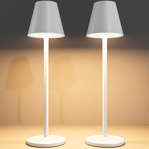 Timjorman 2 Pack LED CordlessTable Lamp,4000mAh Rechargeable Battery Desk lamp,3 Level Brightness Portable Light, Minimalist Design, for Couple Dinner/Coffee Table/Restaurant/Bedroom(White 2pack)