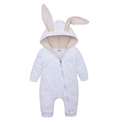 Unisex Baby Outfits Long Sleeve One Piece Hooded Rabbit Ears Solid Color Bodysuit Jumpsuit Cute Costume for Newborn Infant (White #2, 12-18 Months)