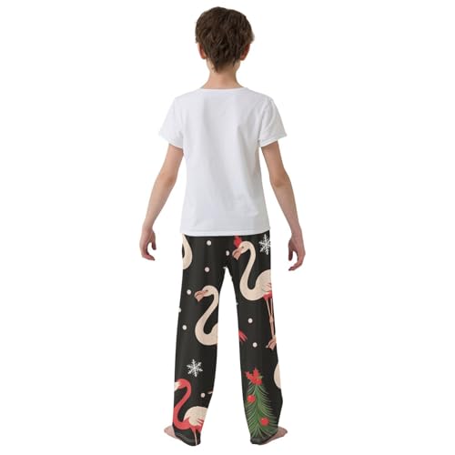 Xmas Flamingo Snow Boys Long Pants Soft Trousers Elastic Waist Kids Lounge Bottoms with Pockets S-XL3