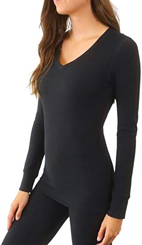 Pure Look Women's Long Sleeve Waffle Knit Stretch Cotton Thermal Underwear Shirt, Large, V-Neck Black