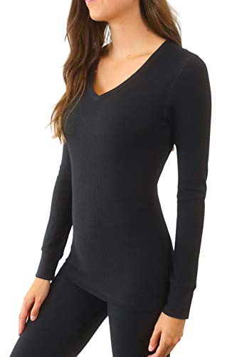 Pure Look Women's Long Sleeve Waffle Knit Stretch Cotton Thermal Underwear Shirt, Large, V-Neck Black #TOP1