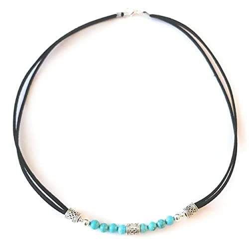 Turquoise Silver Tribal Snake Bead Black Micro Suede Leather Double Strand Necklace 20 Inch Surfer Boho Style Poolside Jewelry