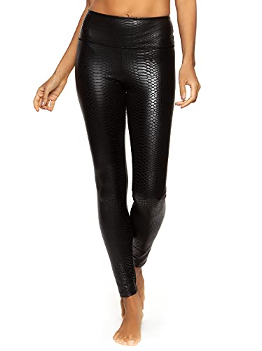 Felina | Black Crocodile Faux Leather High Waisted Leggings (Black Croc, Medium)