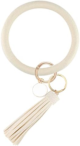 Weixiltc Large Circle Key Ring Leather Tassel Bracelet Holder Keychain Keyring For Women Girl (Beige)