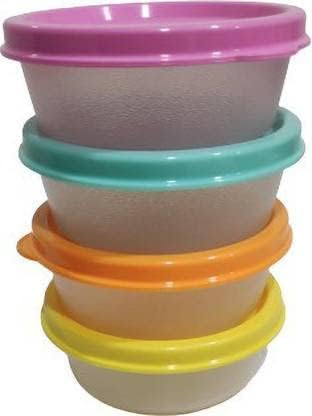 Four Tupperware Small Round Wonder Snack Containers stacked neatly with colorful lids.