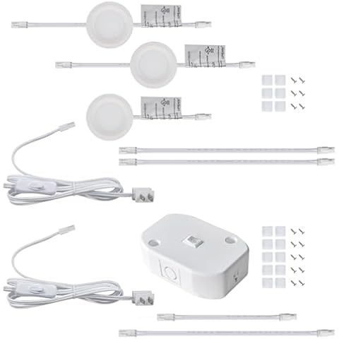 LUMILAND Wired LED Puck Lights (2.7Wx3) Plug-in Lighting Warm White (3000K), Junction Box with 60-Inch White Plug in Power Cord & 12-Inch White Linking Cord & 36-Inch White Linking Cord Cover