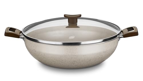 MTA - Panela Wok Antiaderente de Alumínio Superflon com Duas Alças e Tampa de Vidro N°28 de 4,3 Litros, Cor Baunilha, Linha Aura