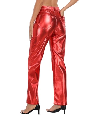 HDE Women's Metallic Faux Leather Pants High Waisted Straight Leg Pockets — view 5