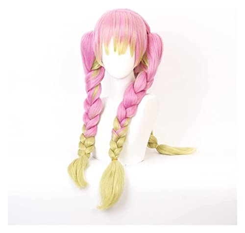 ZUKKY Peruca de cosplay de anime, peruca de caçador de demônios, peruca trançada rosa verde desbotad