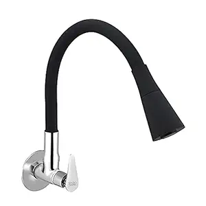 SPAZIO Vignette Flexo SmartBuy Flexible Sink Faucet - Flxo Play (with 360 Degree Flexible Silicon Hose & Dual Flow Pattern) Hot/Cold Water Tap with Wall Flange - Black, Chrome