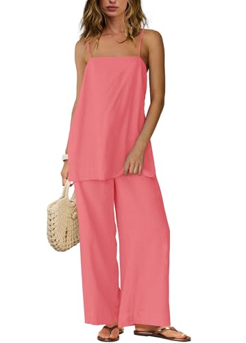 Yanekop Linen Sets for Women 2 Piece Pants Summer Outfits Matching Lounge Sets Spaghetti Strap Tank Top Pants Sets