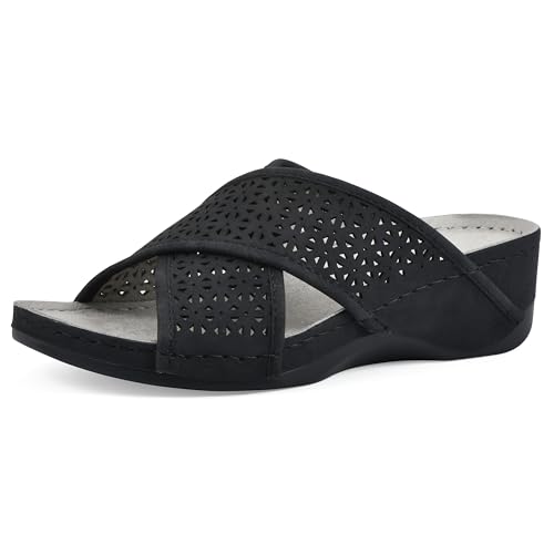 CLIFFS BY WHITE MOUNTAIN Women's Collet Criss-Cross Wedge Sandal, Black/Nubuck, 9.5 M