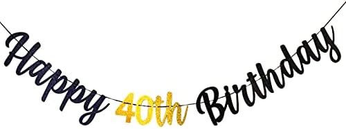 40th Birthday Banner Happy 40th Birthday Bunting Black and Gold Glitter Large Hanging Letter Banner for 40 years old Birthday Anniversary Party Decorations Photo Backdrop