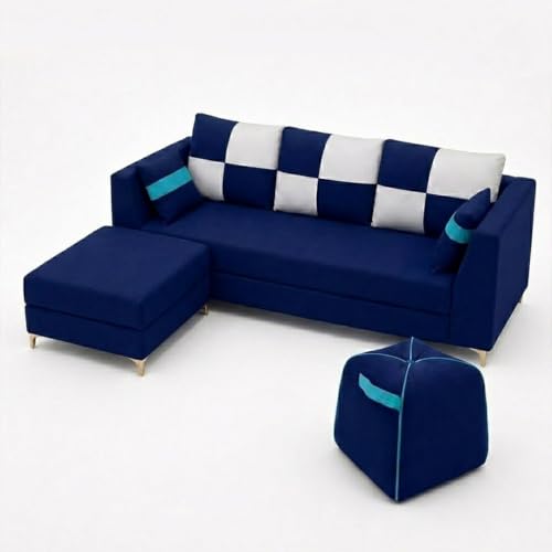 Image of FURNY Signature Cresta 5-Seater L-Shape Sofa Set with Movable Ottoman & Suri Pouf | Flexible LHS /RHS Layout | Boston Fabric | 40D Foam + Zigzag Spring | 3-Yr Warranty (Midnight Blue, Light Grey)
