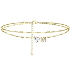 Ankle Bracelets for Women Waterproof 14K Gold Plated CZ Initial Anklet for Women Dainty Layered Letter Heart Ankle Bracelets Handmade Adjustable Foot Chain Anklet Summer Beach Jewelry