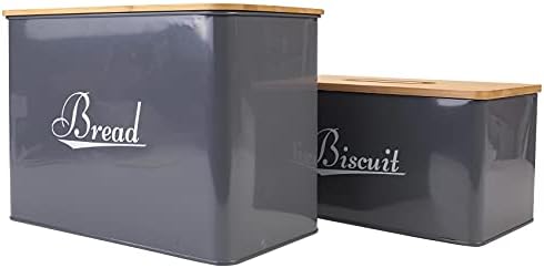 Bread bin and Biscuit tin Set,Large Dimensions Set of 2 Storage Canisters,Oval Kitchen Storage Set with Wooden Lids,Black