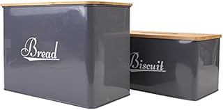 Bread bin and Biscuit tin Set,Large Dimensions Set of 2 Storage Canisters,Oval Kitchen Storage Set with Wooden Lids,Black