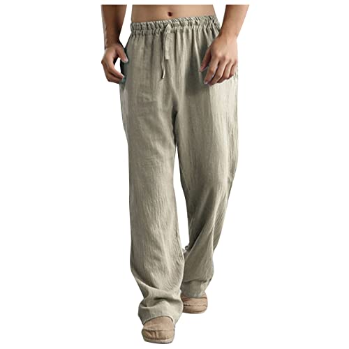 Men Linen Drawstring Pants Beach Golf Elastic Waist Spring Long Casual Loose Summer Yoga Cotton Jogger Trousers