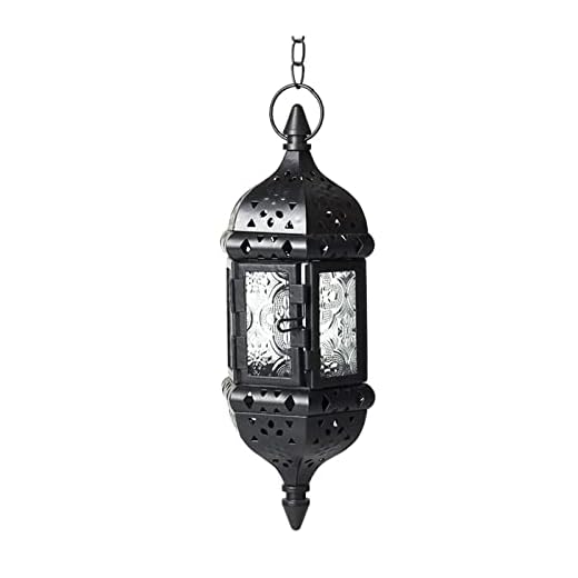 Heminredning Hängande Hexagon Candle Holders Black Metal Inomhus Ljuslyktor Med Glas Handgjord Te Light Holder for uteplats Roterande ljusstakehållare (Color : A)