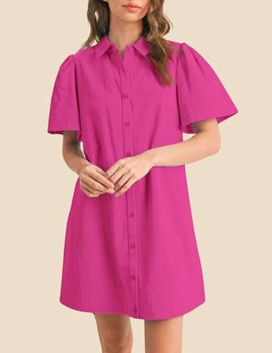 Image of Womens Short Sleeve Button Down Mini Shirt Dress Lapel Collar Short Dresses with Pocket