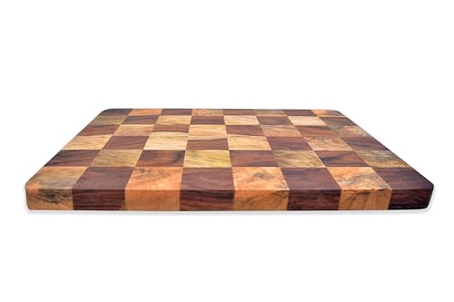 Image of Acacia & Mango Wood End Grain Chopping Board 40x30x2.5 cm | Butcher Block | Reversible Cutting & Serving Platter | Chess Board Design