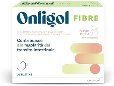 Onligol Fibre, integratore di fibra di Psyllium e Alfa e Beta Galattosidasi, aiuta a regolarizzare le funzioni intestinali e ritrovare sollievo, Prugna, 20 Buste da sciogliere gusto Pesca