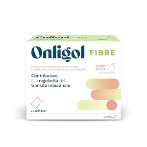 Onligol Fibre, integratore di fibra di Psyllium e Alfa e Beta Galattosidasi, aiuta a regolarizzare le funzioni intestinali e ritrovare sollievo, Prugna, 20 Buste da sciogliere gusto Pesca
