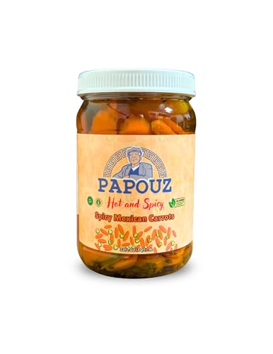 Pickled Carrots, Hot and Spicy, Mexican Style, 32 FL OZ, All Natural, Low Calorie, Gluten Free, Fat Free, No Preservatives, Low Sugar, Premium Pickled Carrots, Jalapeños, and Cascabella Chili Peppers Blend, Premier Product, Hand Sliced, Family Recipe, Great for Taco Bar or Salsa Bar, Made By Papouz