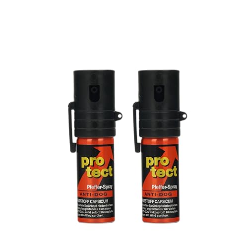 2 Stück Pfefferspray PROTECT Anti-Dog Breitstrahl 15ml KO Spray mit seitlichem Clip Abwehrspray zur Selbstverteidigung Reizstoffspray extra stark