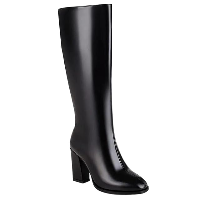 Womens Solid Pu Leather Round Toe Square Super High Heel Zipper Knee High Motorcycle Boots