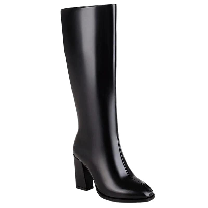 Womens Solid Pu Leather Round Toe Square Super High Heel Zipper Knee High Motorcycle Boots