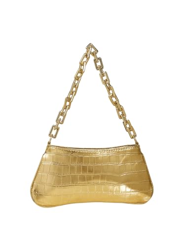 GORGLITTER Women's Metallic Shoulder Bag Crocodile Embossed Clutch Purse Chain Zipper Closure Funky Handbag