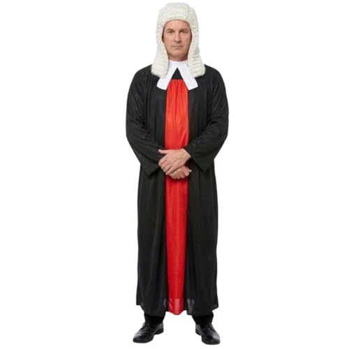 Costume de juge pour adultes – Robe noire traditionnelle avec panneau rouge, col blanc et perruque de juge bouclée – Costume unisexe pour homme et femme