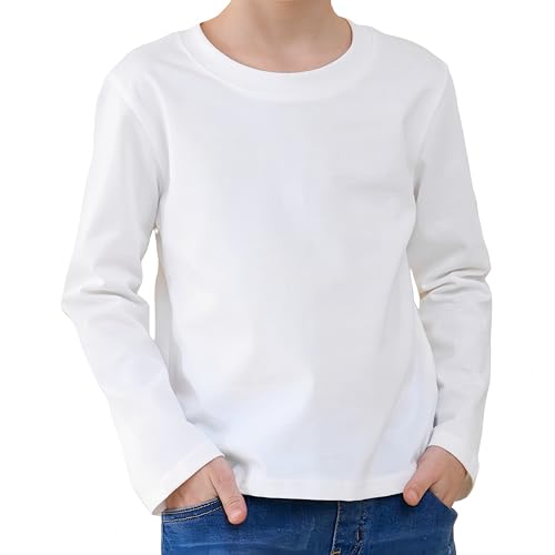 BROWNKNOT Toddler Long Sleeve Shirt Kid Cotton T Shirt Soft Crewneck Tee Top for Boys Solid Color Shirts, 2T-5T (White)