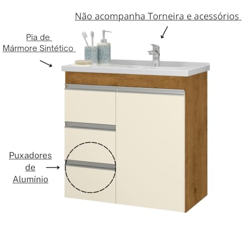 Armário Gabinete de Banheiro com 03 Gavetas e Cuba Malibu Fhem móveis Cor OffWhite/Freijó