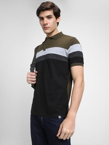 Image of Dennis Lingo Men's Cotton Stripes Regular Fit Mandarin Collar Short Sleeve Polo Tshirt