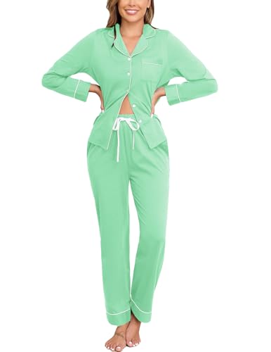 Image of Veseacky 100% Cotton Women's Pajama Set Long Sleeve Button Down Sleepwear Soft Pjs Lounge Sets Nightwear Pjs XS-XXL