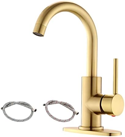 Single Handle Brushed Gold Bathroom Sink Faucet with Supply Hose, 360° Swivel Gold Bar Sink Faucet with Deck Plate, Gold RV Bathroom Basin Faucet for 1-3 Hole Installation