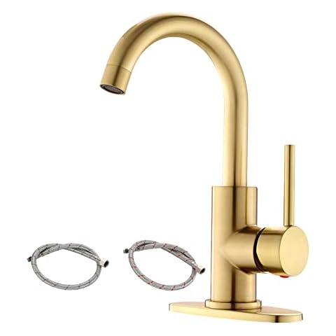 Bar Sink Faucet Brushed Gold Bathroom Sink Faucet with Supply Hose 360° Swivel Bathroom Faucets with Deck Plate, Gold RV Bathroom Basin Faucet for 1-3 Hole Installation Cover