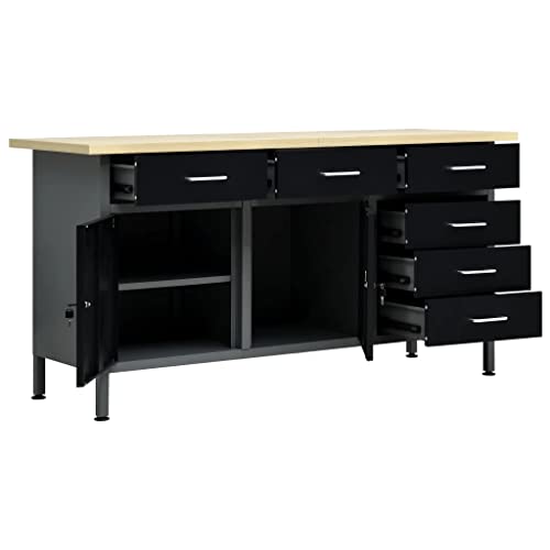 Vidaxl Workbench Work Table Tool Bench Workstation Storage Organizer Organization Workshop Garage Height-Adjustable Home Black Steel #TOP25